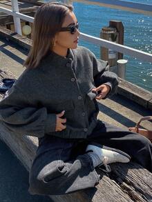 DAZY 女士秋冬立领短款宽松羊毛大衣外套 - 深灰色 - 查看 6