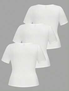 EMERY ROSE 3pcs/Set Plus Size Women's Solid Color Round Neck Basic Short Sleeve T-Shirts - White - View 2