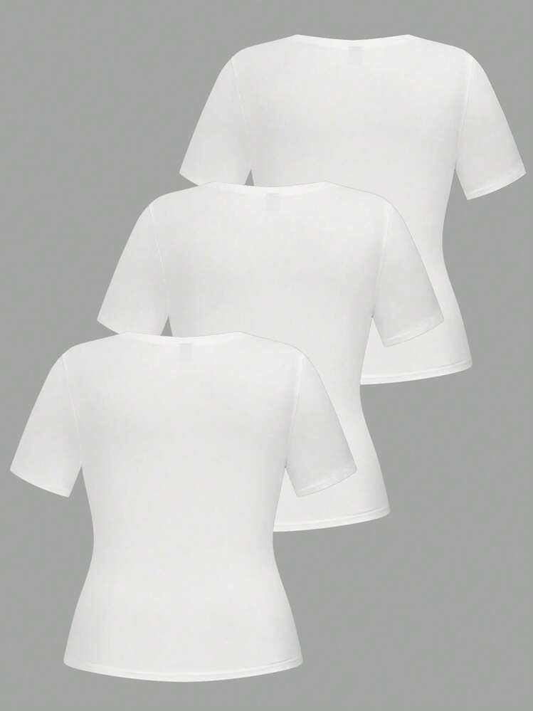 EMERY ROSE 3pcs/Set Plus Size Women's Solid Color Round Neck Basic Short Sleeve T-Shirts - White - View 2