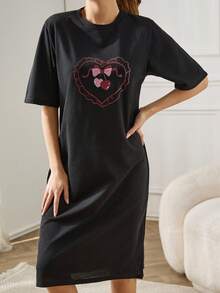 RueChic Women Contrast Colour Tiny Hearts With Pattern Homewear Sleep Dres - Grey - View 3