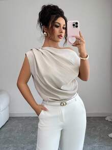 Elenzga 女士新款斜肩褶饰时尚简约百搭衬衫 - 卡其色 - 查看 1