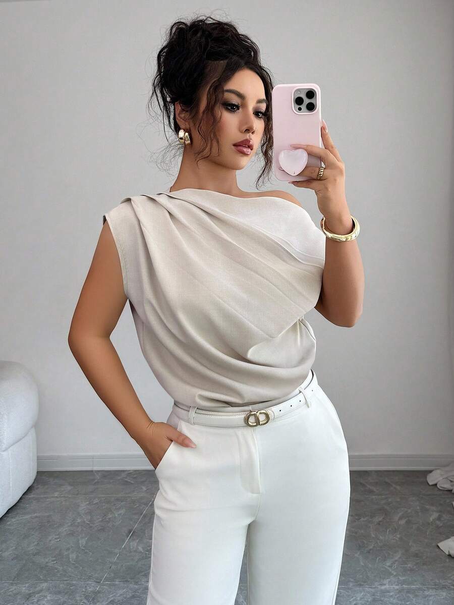 Elenzga 女士新款斜肩褶饰时尚简约百搭衬衫 - 卡其色 - 查看 1