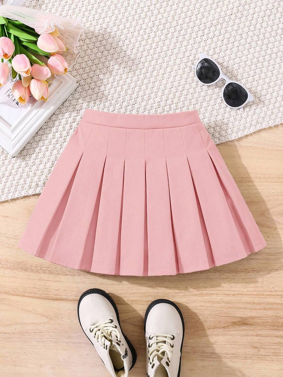 Young Girl Fashionable Versatile Solid Color Pleated Fitted Casual Skirt,Herbst - Pink - View 1