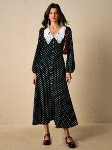 Poéselle 波点纽扣前开襟中长连衣裙，蕾丝彼得潘领 – 长袖复古茶歇裙，波点连衣裙，蕾丝领连衣裙，纽扣前开襟中长连衣裙，复古茶歇裙，彼得潘领套装，田园风时尚，秋季婚礼宾客礼服，女士优雅通勤撞色领波点印花纽扣前开襟长连衣裙，女士秋季服装 - 黑與白 - 查看 6