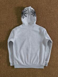 Manfinity EMRG Men's Spider Web Print Zip-Up Hooded Sweatshirt With Thermal Lined Spiderweb Hoodie Gray Graphic Hoodie , Fall Winter - Grey - View 2