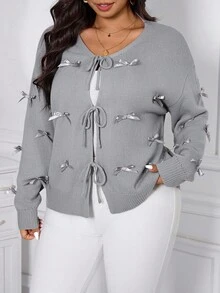 Reflora Curve Plus Size Women's Casual Daily Gray Butterfly Decoration Dropped Shoulder Long Sleeve Knitted Cardigan, Comfortable, Soft And Warm, Gray Long-Sleeved Lantern Sleeves Comfortable And Soft Waist Lotus Leaf Daily Casual Sweater, Suitable For Multiple Occasions,Halloween,Christmas,2025 New, Suitable For Multiple Occasions, Chic, Christmas - Grey - View 5
