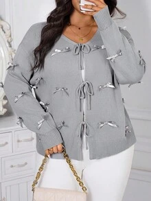 Reflora Curve Plus Size Women's Casual Daily Gray Butterfly Decoration Dropped Shoulder Long Sleeve Knitted Cardigan, Comfortable, Soft And Warm, Gray Long-Sleeved Lantern Sleeves Comfortable And Soft Waist Lotus Leaf Daily Casual Sweater, Suitable For Multiple Occasions,Halloween,Christmas,2025 New, Suitable For Multiple Occasions, Chic, Christmas - Grey - View 3