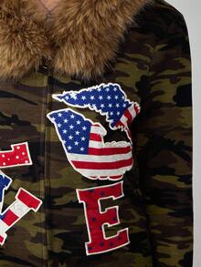 ROMWE Avant Y2K Baddie 美国国旗连帽运动衫，女式休闲修身款 - 軍綠色 - 查看 4