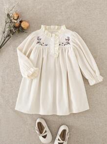 Souflis Souflis Vintage elegantes, luftiges, bequemes Rüschen-Kleid mit floraler Stickerei aus Cord-Stoff in Apricot, Langarm, für Baby Mädchen, 3 Monate - 3 Jahre