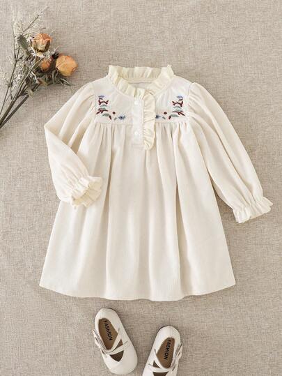 Souflis Souflis Vintage Elegant Loose Comfortable Ruffle Floral Embroidery Apricot Corduroy Fabric Long Sleeve Dress For Baby Girls, 3M-3Y Fall Winter