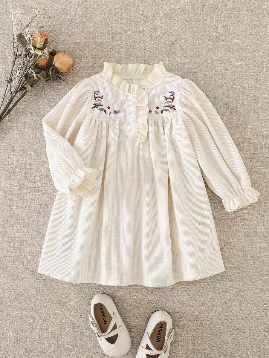 Souflis Souflis Vintage elegantes, luftiges, bequemes Rüschen-Kleid mit floraler Stickerei aus Cord-Stoff in Apricot, Langarm, für Baby Mädchen, 3 Monate - 3 Jahre