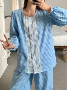 DAZY Plaid Contrast Ruffle Patchwork Lantern Sleeve Women Pajama Set, Fall Clothes - Blue - View 6