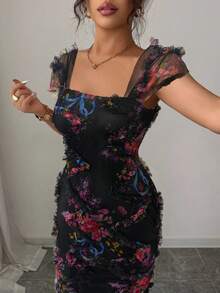 Elenzga Elegancka, romantyczna sukienka damska z siateczki z nadrukiem i marszczeniami w talii o średniej długości, odpowiednia na sezon ślubny, imprezy, randki, nieformalne wyjścia i nie tylko - Czarne - Zobacz 3