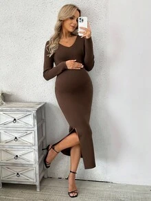 SHEIN 孕妇装 V 领长袖侧开衩下摆修身优雅针织连衣裙，秋季