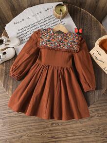 Emery Rose Kids Emery Rose Kids 年轻女孩秋季碎花彼得领休闲连衣裙 - 摩卡棕 - 查看 7