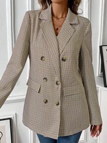 EMERY ROSE 女士时尚休闲格子双排扣西装外套