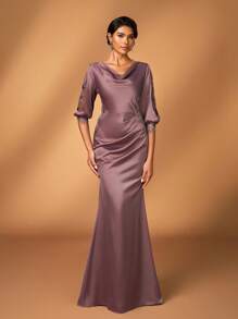 Serin Váy đuôi cá bằng vải satin nhún bèo cổ lọng thêu ren sang trọng thanh lịch, thích hợp cho đám cưới, tiệc tùng, kỳ nghỉ, dạ hội, váy dạ hội, mẹ cô dâu - Cà phê nâu - Xem 8