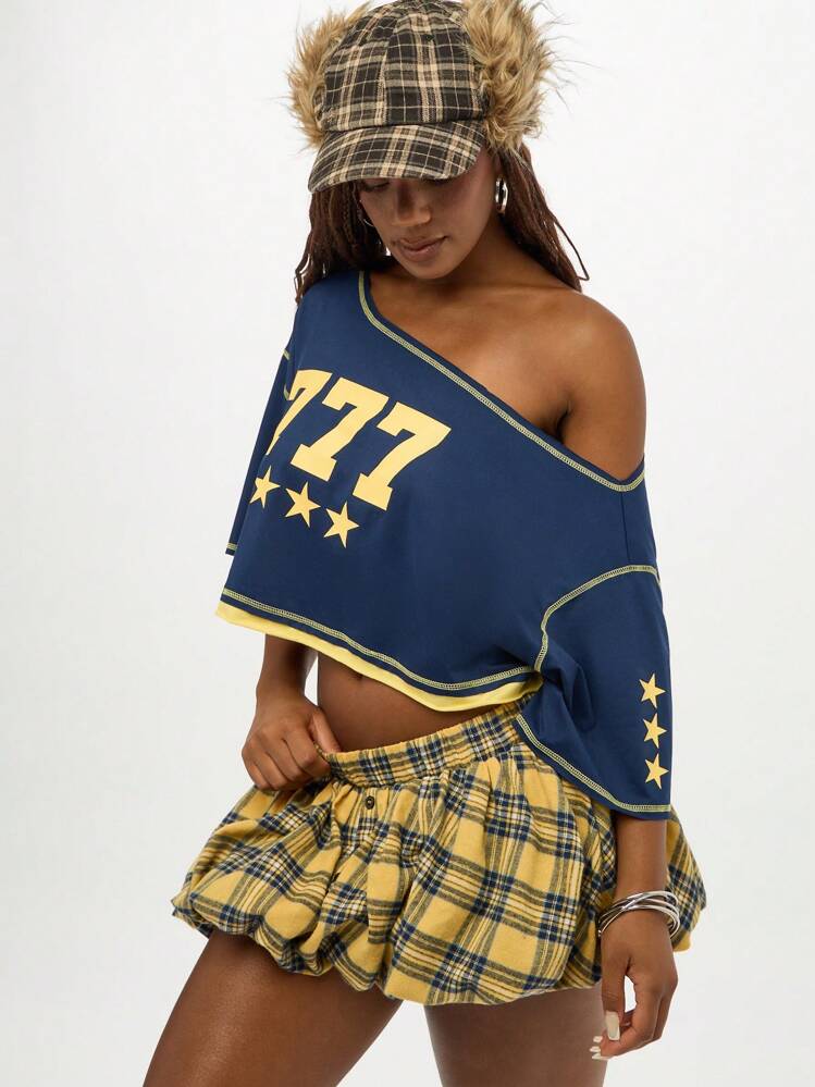 SUMWON WOMEN Off Shoulder Crop Varsity Style T-Shirt With Stars And Numbers Y2K Preppy Cropped Top For Autumn Spring Winter Collegiate Fashion - Multicolor - View 8