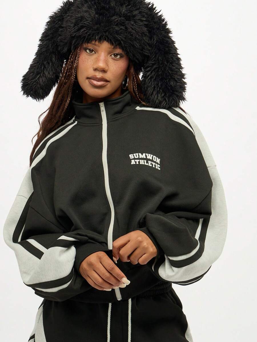 SUMWON WOMEN 冬季运动休闲全拉链运动夹克赛车条纹休闲街头风格复古字母印花长袖运动现代日常外套 - 黑色 - 查看 1