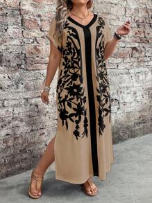 EMERY ROSE Spring Women Plus Size Colorblock Floral Print Short Sleeve Dress