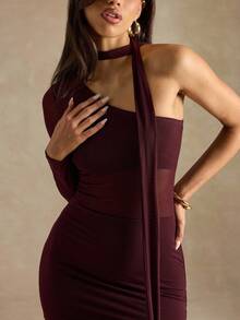 SHEIN BAE 女式纯色不对称肩部时尚连衣裙 - 棕色 - 查看 7