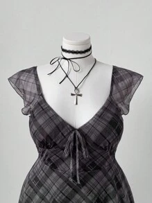 Sunspun Sukienka w kratę z nadrukiem i kwadratowym dekoltem i rękawami typu cap, letnia