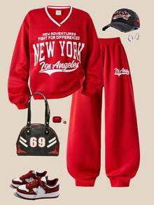 SHEIN Explorewe Casuvi 儿童女童两件套：条纹 V 领套头衫和纯色卷边休闲运动裤，字母印花，复古校园风格，适合户外、返校、春秋季休闲穿着 - 紅色 - 查看 1