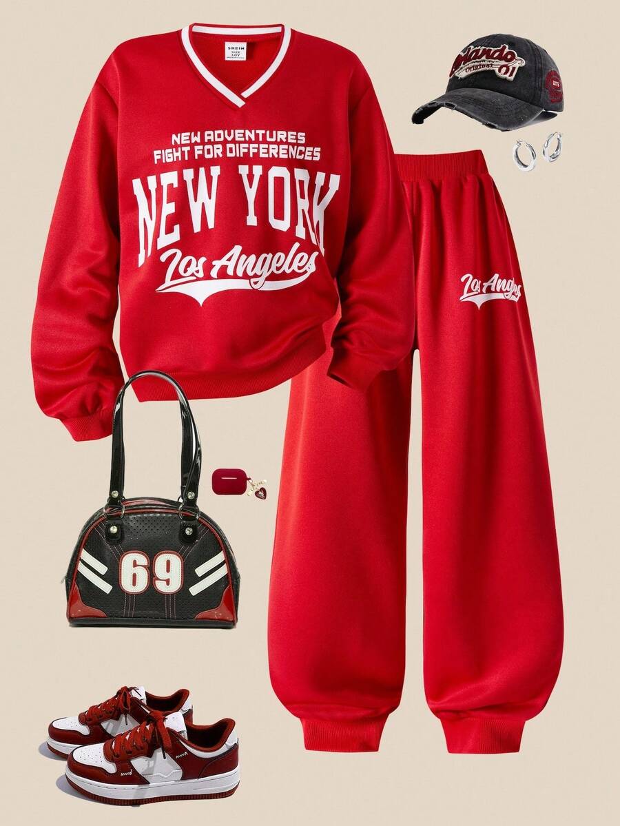 SHEIN Explorewe Casuvi 儿童女童两件套：条纹 V 领套头衫和纯色卷边休闲运动裤，字母印花，复古校园风格，适合户外、返校、春秋季休闲穿着 - 紅色 - 查看 1