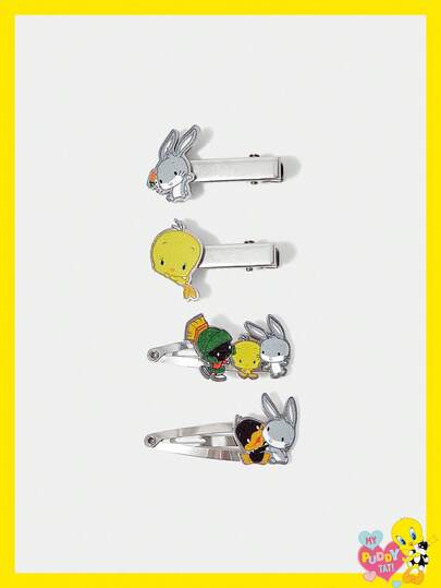 LOONEY TUNES X SHEIN 4pcs Cartoon Animal Pattern Cute Silver Hair Clips