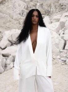 MUSERA 加大码超低胸飘逸长袖衬衫上衣，适合度假、节日、派对、春夏复活节等场合，可爱浪漫，性感迷人。 - 白色 - 查看 1