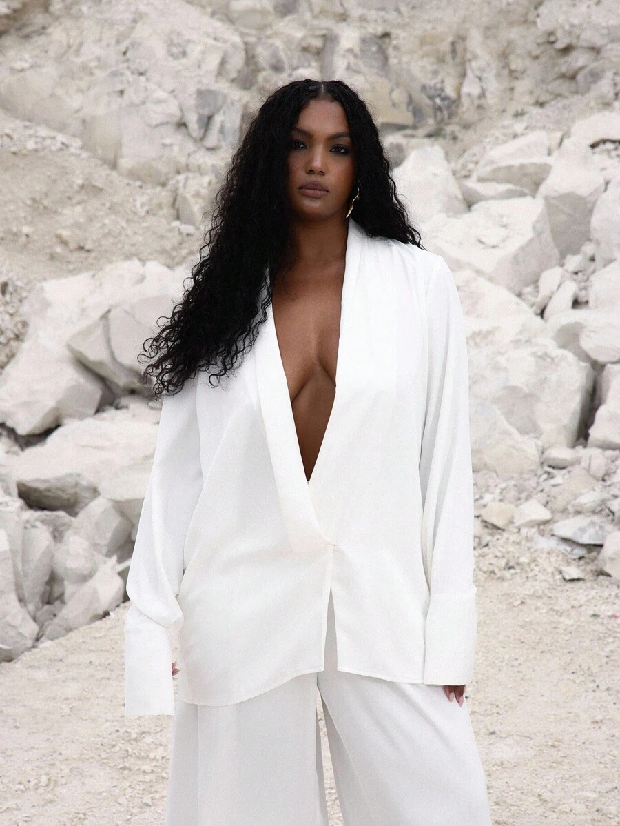 MUSERA 加大码超低胸飘逸长袖衬衫上衣，适合度假、节日、派对、春夏复活节等场合，可爱浪漫，性感迷人。 - 白色 - 查看 1