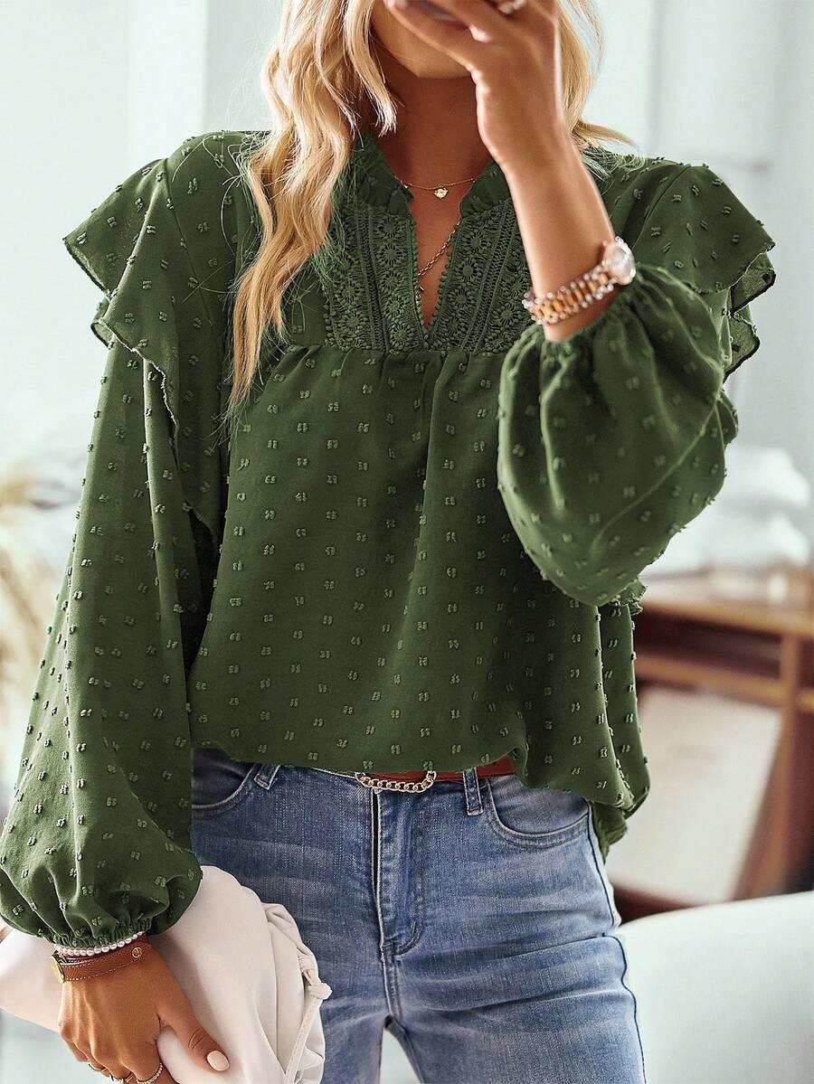 EMERY ROSE Áo cánh rộng tay loe cổ chữ V ren tương phản thời trang cho nữ - xanh quân đội - Xem 1