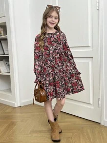 SHEIN Tween 女童碎花印花荷叶袖荷叶边下摆连衣裙 - 黑色 - 查看 9