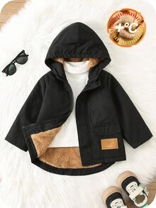 SHEIN 男婴秋冬服装套装，保暖连帽外套，加厚羽绒服，绗缝外套，舒适百搭，时尚经典休闲风，适合室内、户外滑雪、日常穿着、运动、玩耍、派对、节日等场合。男婴冬季外套，男婴黑色外套，男婴抓绒外套，男婴连帽外套，男婴保暖外套。