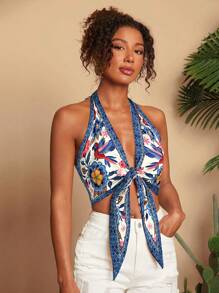 Travachic 波西米亚风无袖露背短款上衣，饰有打结细节和鲜艳的印花图案，适合秋冬季节穿着。这款露背系带上衣采用花卉印花设计，休闲时尚，是秋季女性的理想之选，适合外出穿着，尽显优雅气质。 - 彩色 - 查看 4