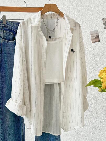 INAWLY 大码女式夏季休闲条纹刺绣防晒衬衫