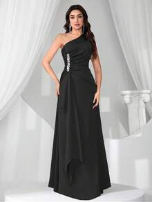 New Fashionable Elegant Slim Fit Asymmetric Neckline Sleeveless Dress - Black - View 8