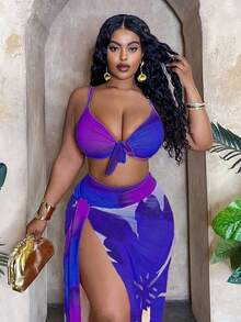 Slaydiva Plus Size Women 3pcs Set Ombre Gradient Print Fashion Minimalist Sexy Placement Print A-Line Skirt High Waist Panty Casual Stylish Vacation Split Bikini Set For Summer - Blue - View 3