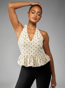 MISSGUIDED Polka Dot Halter Top Peplum Blouse Summer Retro V Neck Bubble Hem Sleeveless Blouse Fashion Party Evening Casual Peplum Top