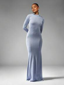 MISSGUIDED Elegant Long Sleeve Backless Floor Length Evening Gown High Neck Winter Fall Formal Dress Wedding Guest Special Occasion Full Length Empire Slim Fit Dress