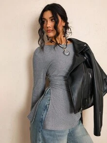 SHEIN LUNE Plus Size Women's Round Neck Ruched Slit Fitted T-Shirt  Work/Office Fall/Winter Clothes Grey Chic Going Out  Elegant