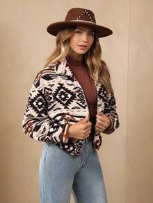 Wildy Women's Fashion Casual Geometric Pattern Fleece Jacket Zippered Plush Jacket, Autumn & Winter