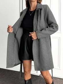 EURMUSE Women, Autumn, Winter, Overcoat, Long Sleeve, Regular Length, Pocket, Causal, Belted, - Dark Grey - View 5