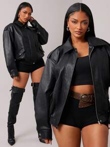 SHEIN SXY Women's Stylish Leather Jacket, New Vintage Black Bomber Jacket, Korean Chic Outerwear For Autumn/Winter Nightwing