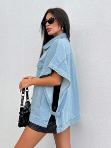 EURMUSE 100%Cotton Flap Pocket Batwing Sleeve Denim Jacket - Light Wash - View 4
