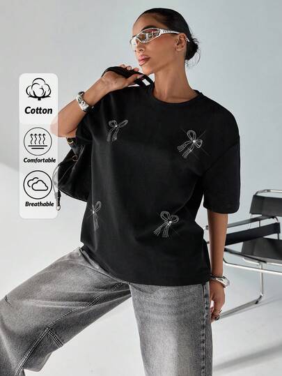EURMUSE Plus Size Women Round Neck Rhinestone Bow Casual Versatile Daily Short Sleeve T-Shirt
