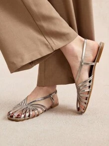 Rosivie Women's Square Toe Flat Sandals,Gold PU Fabric, Fashionable Simple Comfortable For Daily Beach Use With Buckle Strap For Christmas