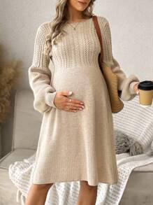 SHEIN 孕妇粗针织喇叭下摆毛衣裙 - 卡其色 - 查看 3