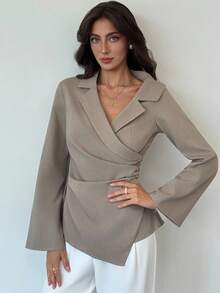 Aloruh Women's Elegant Khaki Long Sleeve Lapel Neck Blouse,Autumn Office Business Casual Shirt With Pleated Asymmetric Hem For And Commuting Tops - Khaki - View 8
