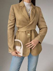 Modelyn Women's Solid Color Lapel NeckLong Sleeve Side Knot Elegant Blazer In Fall/Winter - Khaki - View 6